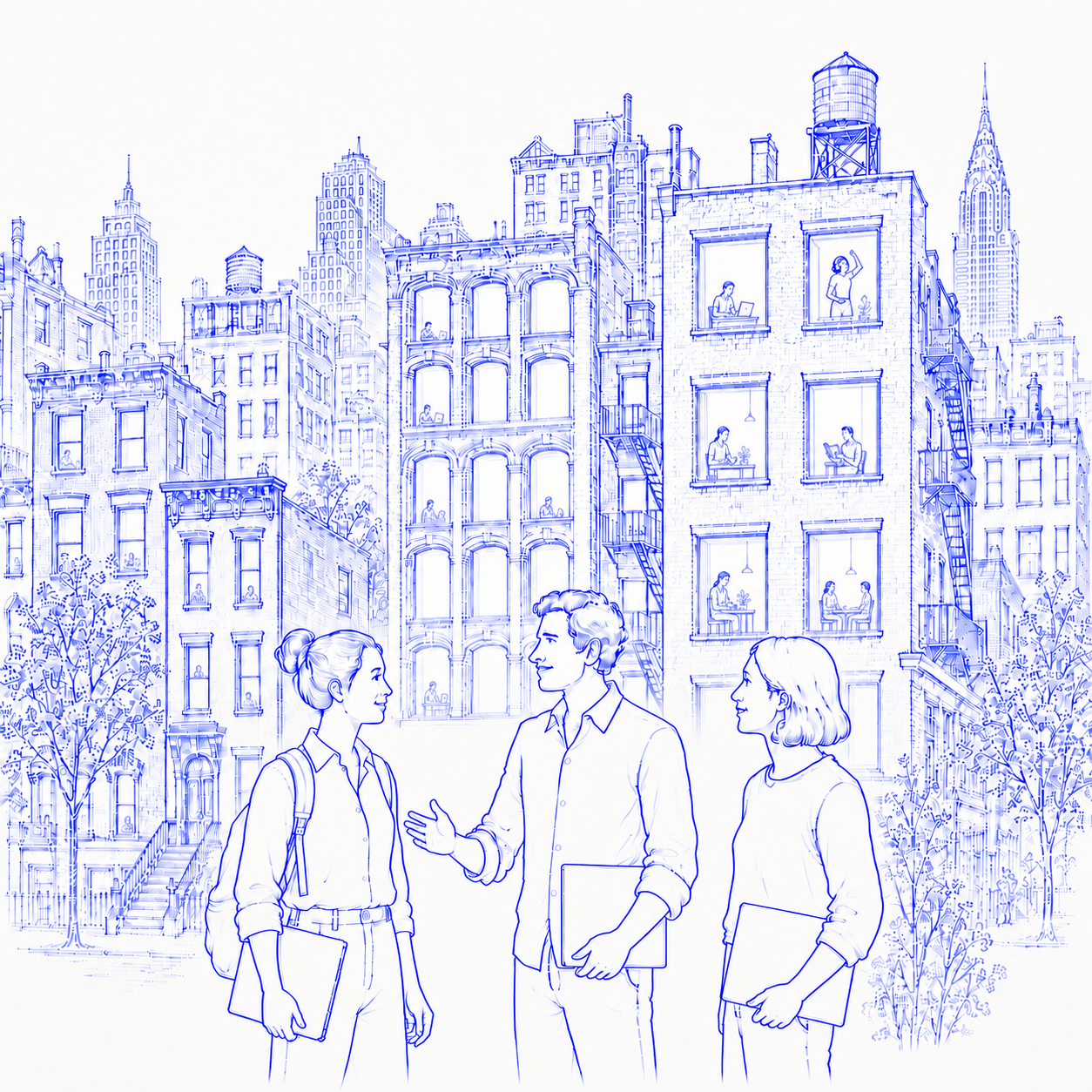 People use laptops, write, read, tend plants, and dance with headphones in separate New York apartments. In front, three people meet with laptops; one wears a backpack.