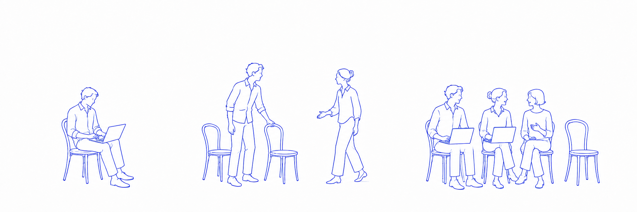A person works alone at a laptop, makes room for someone else, then works on laptops with a companion while a third person talks with them. A fourth chair stays empty.